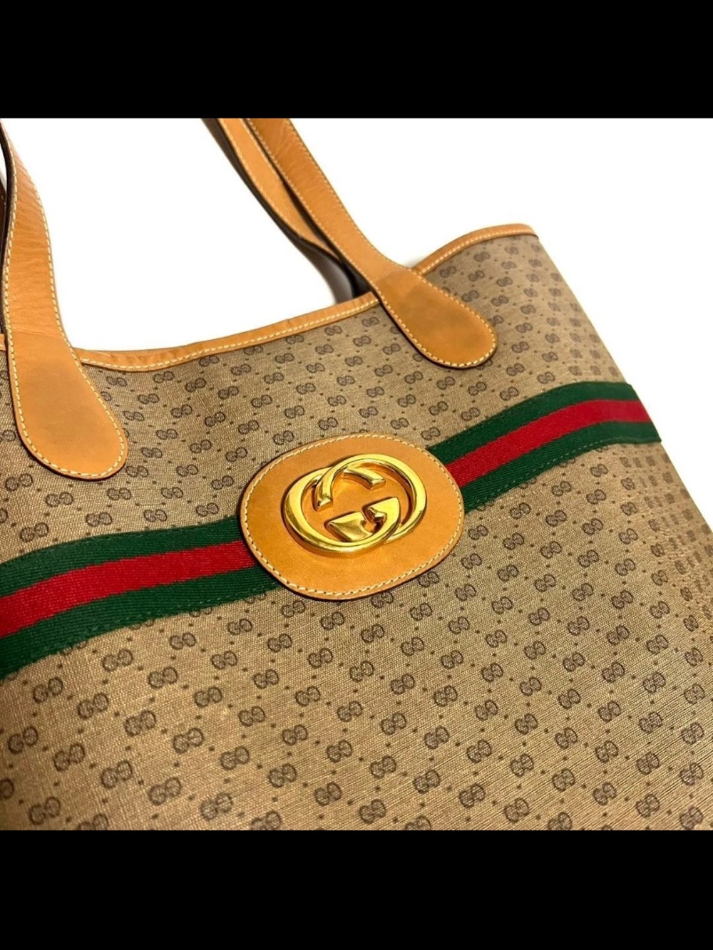 Gucci Beige Brown GG Canvas Tote with Green-Red Web Stripe - Picture 9 of 14